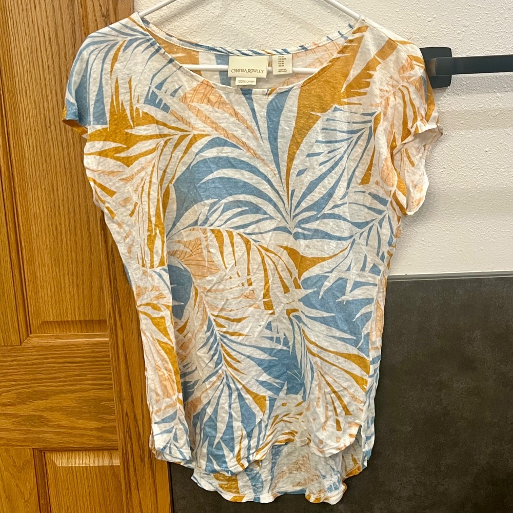 Cynthia Rowley Linen Tropical Palm Leaf Botanical Top Blouse Size Medium